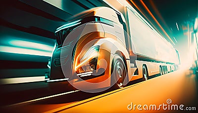 Futuristic truck run in highway at sunset, illustration ai generative Cartoon Illustration