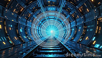 Futuristic tunnel design with glowing tech pattern. Cybersecurity quantum computing concept. Advanced tech system. Blue, orange Stock Photo