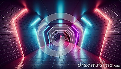 Futuristic Tunnel, Laser or Fluorescent Lighting on Walls, Cyber-Futuristic Atmosphere, Generative AI Stock Photo