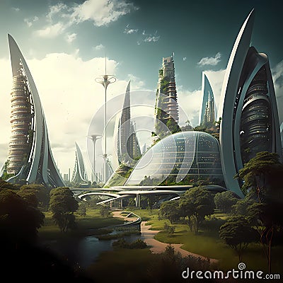 Futuristic ultra modern urban environment. City waterfront from the future with greenery Stock Photo