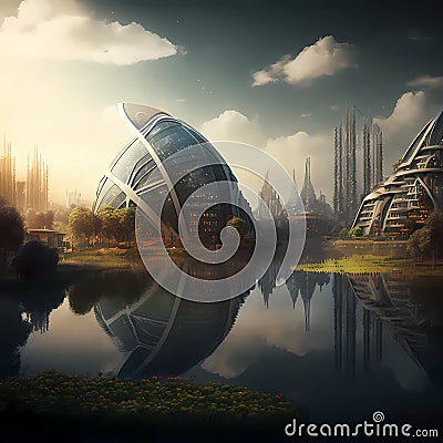 Futuristic ultra modern urban environment. City waterfront from the future with greenery Stock Photo