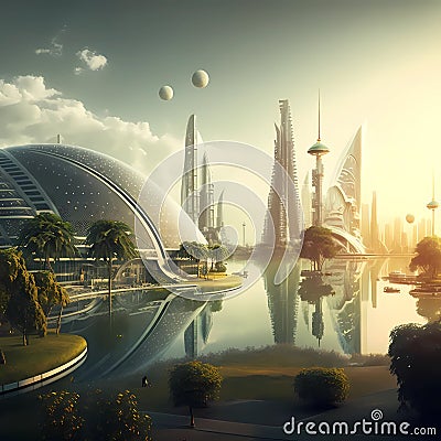 Futuristic ultra modern urban environment. City waterfront from the future with greenery Stock Photo