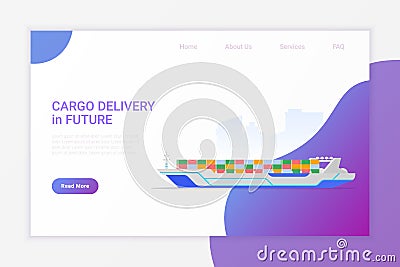 Futuristic unmanned self-driving Cargo Ship loading with Containers Flat vector illustration. Future Delivery Shipment concept Vector Illustration