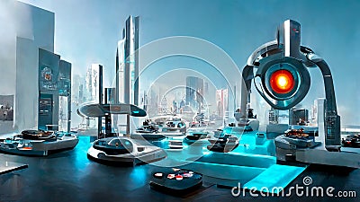 Futuristic urban landscape. Virtual reality. Megapolis with robotic computer technologies. 2025 Cartoon Illustration