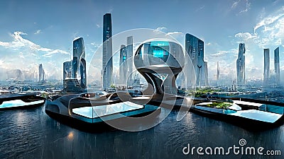 Futuristic urban landscape. Virtual reality. Megapolis with robotic computer technologies. 2025 Cartoon Illustration