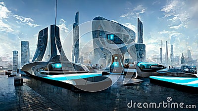 Futuristic urban landscape. Virtual reality. Megapolis with robotic computer technologies. 2025 Cartoon Illustration