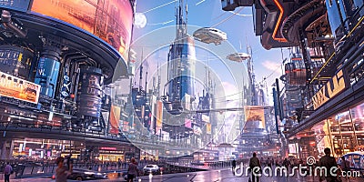 Futuristic Urban Skyline with Hovering Vehicles. Resplendent. Stock Photo