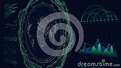 Futuristic user interface HUD design graphs and charts, Global digital network communications map world, monitor screen in Stock Photo