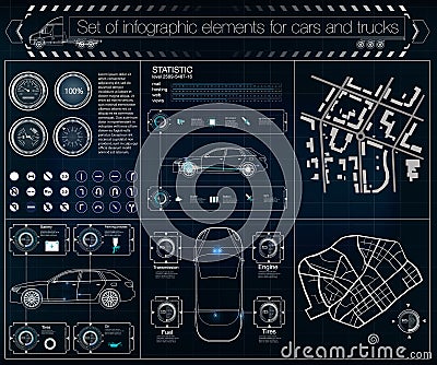 Futuristic user interface. Infographics of freight transport and transportation.Template of automobile infographics. Vector Illustration