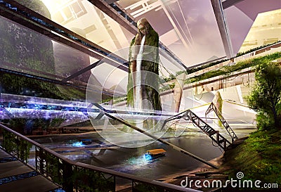 Sci-fi futuristic alien valley river landscape artwotk. Cartoon Illustration