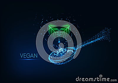 Futuristic vegan or vegetarian diet concept with glowing low polygonal green leaves and spoon. Vector Illustration