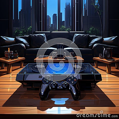 Futuristic Video Game Console on Wooden Coffee Table Stock Photo