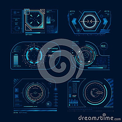 Futuristic virtual screen. Monitoring hud panel frame with tracking aim. Computer systems display tech process graph Vector Illustration