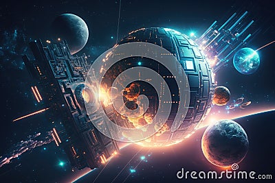 futuristic virtual world technological cyber space with planets and satellites Stock Photo