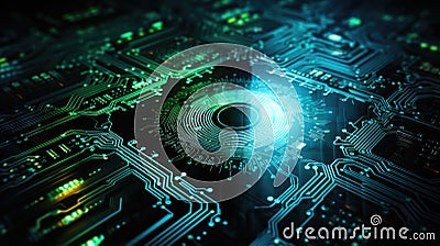 futuristic visualization of a fingerprint emerging from a digital circuit board, representing the integration of biometric data Stock Photo