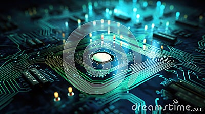 futuristic visualization of a fingerprint emerging from a digital circuit board, representing the integration of biometric data Stock Photo