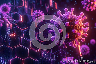 Futuristic Visualization of Virus Structure in Hexagonal Digital Space Generative AI Stock Photo