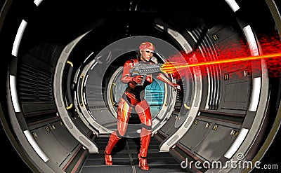 futuristic warrior girl, shooting with heavy weapon inside the spaceship, 3d illustration Cartoon Illustration