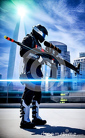 Futuristic warrior with weapon in town. Ai generative Stock Photo