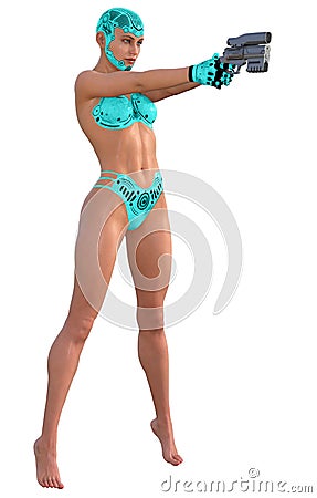 Futuristic Warrior woman, armed with gun, light Blue suit, 3d illustration Cartoon Illustration