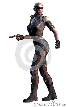 Futuristic warrior woman with gun, white background, 3d illustration Cartoon Illustration