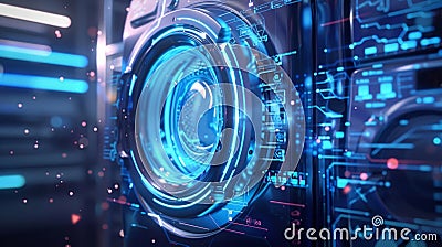 Futuristic washing machine with digital display showing rotating drum and data analysis Stock Photo