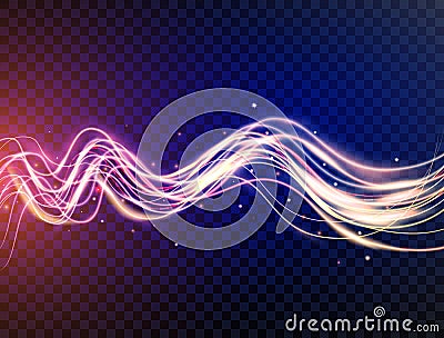 Futuristic waves in speed motion. Blue and violet wavy dynamic lines with sparkles on transparent background. Magic Vector Illustration