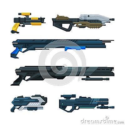 Futuristic Weapons, Blaster and Gun with Laser Vector Set Stock Photo