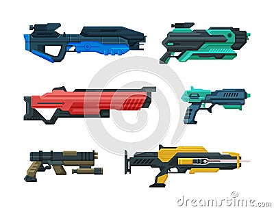 Futuristic Weapons, Blaster and Gun with Laser Vector Set Vector Illustration