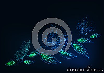 Futuristic web banner template with glowing low polygonal butterflies and green leaves on dark blue Cartoon Illustration