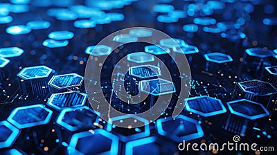 A futuristic web of hexagons and squares representing the building blocks of a tingedge smart contract architecture Stock Photo