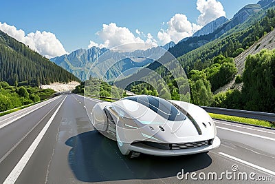 Futuristic white concept car on mountain road, sleek, aerodynamic design Stock Photo