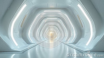Futuristic white corridor with repeating illuminated arches creating a tunnel effect, leading to a warm glowing exit Stock Photo
