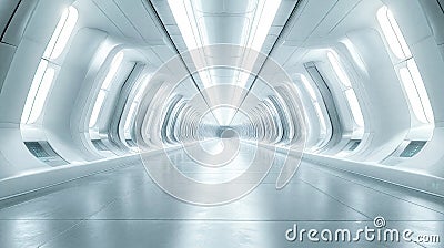 Futuristic white corridor with repeating illuminated arches creating a tunnel effect, leading to a warm glowing exit Stock Photo