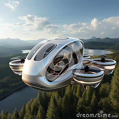 A futuristic white elliptical urban passenger drone flying over a picturesque lake, forest and mountains. VTOL electric Stock Photo