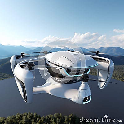 A futuristic white elliptical urban passenger drone flying over a picturesque lake, forest and mountains. VTOL electric Stock Photo