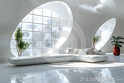 Futuristic white living room with round windows Stock Photo