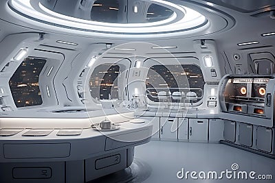 futuristic white moon base style kitchen or laboratory interior, neural network generated image Stock Photo