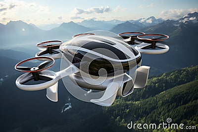 Futuristic white passenger drone flying over the picturesque lake, forest and mountains. Electric Vertical Take Off and Stock Photo