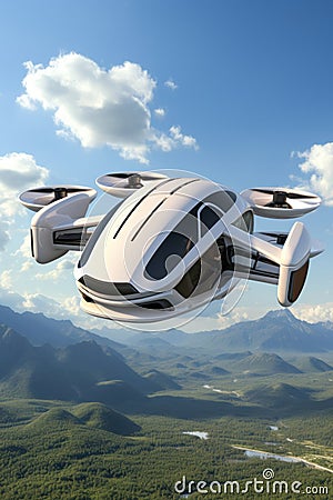Futuristic white passenger drone flying over the picturesque lake, forest and mountains. Electric Vertical Take Off and Stock Photo