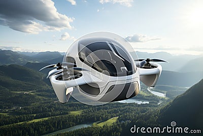 Futuristic white passenger drone flying over the picturesque lake, forest and mountains. Electric Vertical Take Off and Stock Photo