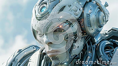 Futuristic white robot in digital network with floating dots and lines, 3d rendering concept Stock Photo