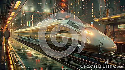 Futuristic White Train Traveling Near City Lights Stock Photo