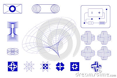 Futuristic wireframe models of abstract forms resembling wormholes and interconnected rings, illustrating concepts of Vector Illustration