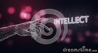 Futuristic wireframe robotic hand reaching towards the word INTELLECT, symbolizing the intersection of technology and intelligence Stock Photo