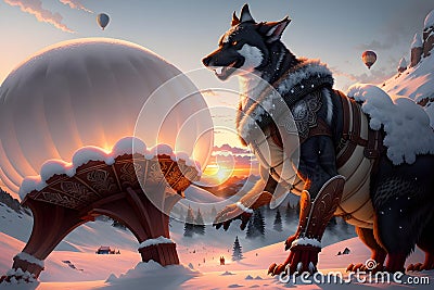 Futuristic Wolf Panorama: Hot Air Balloons Soaring over Snowy Mountains at Sunset. AI generated Stock Photo