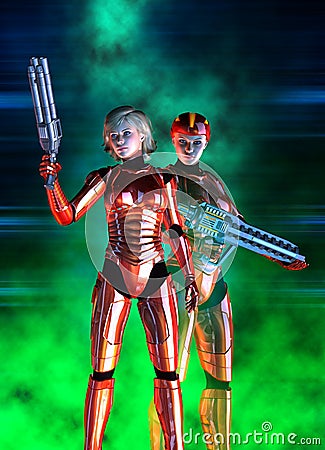 Futuristic woman soldier, red suit and helmet, 3d illustration Cartoon Illustration