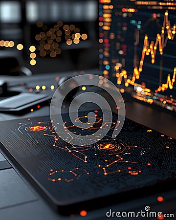 A futuristic workspace displaying digital analytics and glowing networks ideal for tech and finance themes Stock Photo