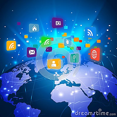 Futuristic world with colorful media network symbol for communication & technology business concept Cartoon Illustration