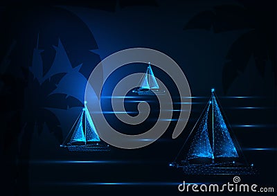 Futuristic yachting regatta concept with glowing low poly sailing boats competition in night sea Vector Illustration